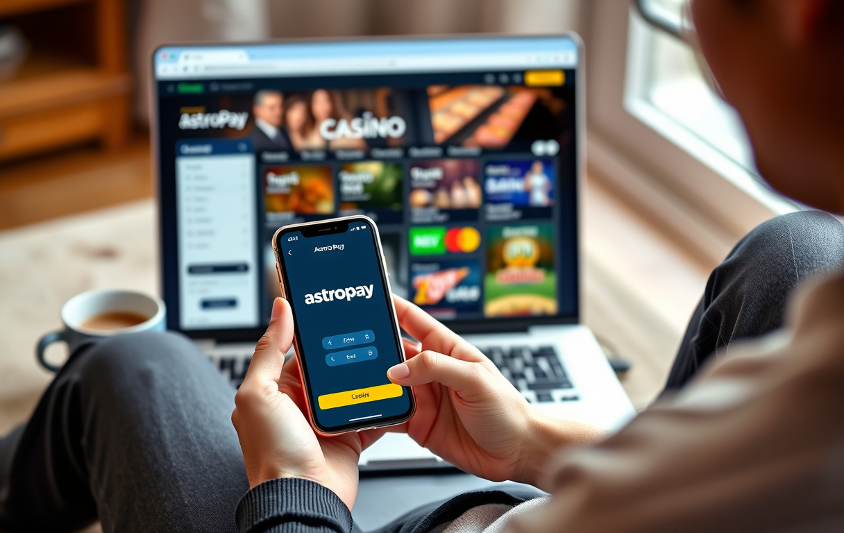 En person sitter i en stue med en mobiltelefon som viser AstroPay-appen, og en laptop med et nettcasino i bakgrunnen.
