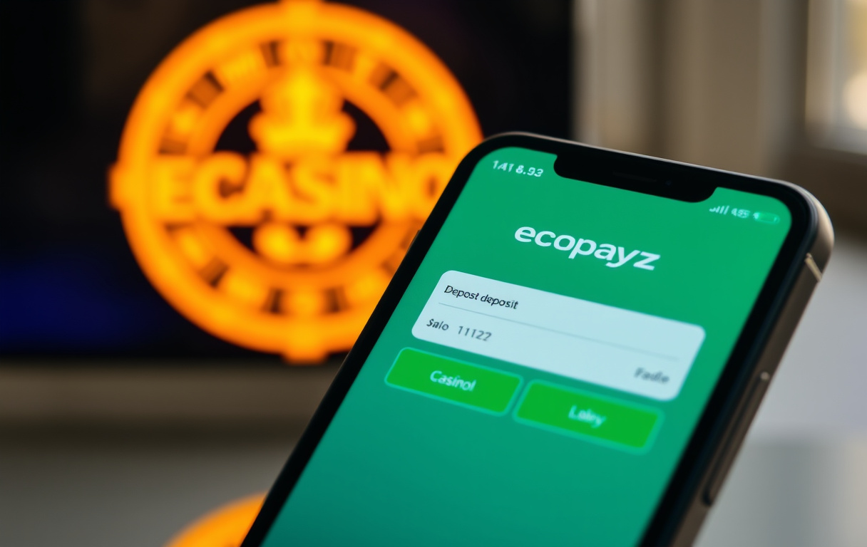 Smarttelefon med Ecopayz-app som viser innskudd til casino