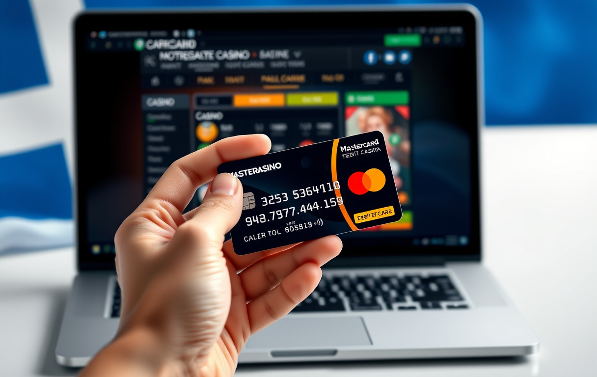 Hånd som holder Mastercard-kort foran en laptop med casino-kassen synlig, norsk flagg i bakgrunnen.