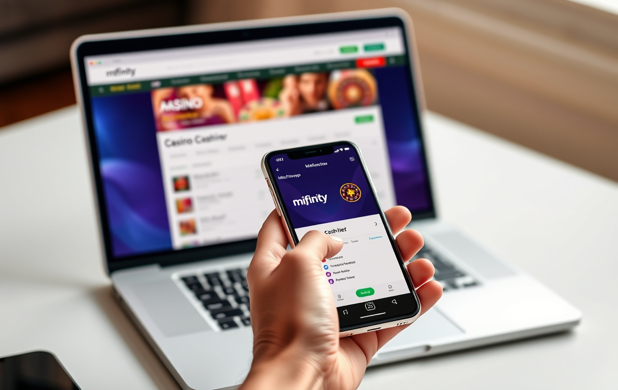 Person med mobiltelefon med MiFinity-appen, ved siden av en laptop med casino-kasse som viser MiFinity som betalingsmetode.