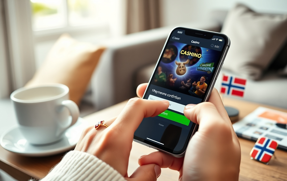 En person bekrefter en mobilbetaling på et nettcasino via smarttelefon, med norsk flagg på skrivebordet.