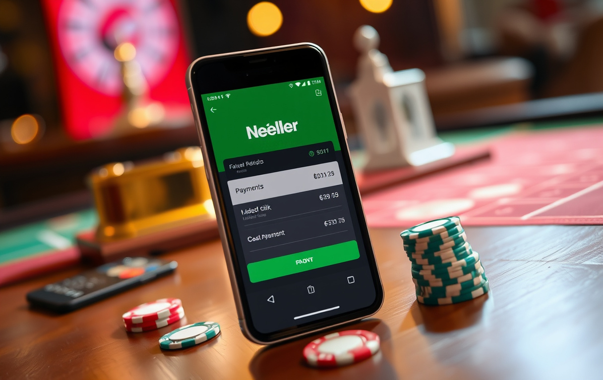 Smarttelefon med Neteller-app for casinoinnskudd