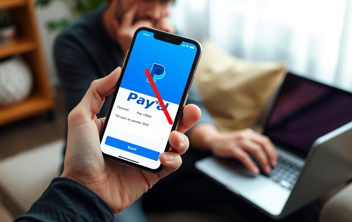 En person holder en mobil med PayPal-logo overstroket, frustrert over blokkert betaling på casino.