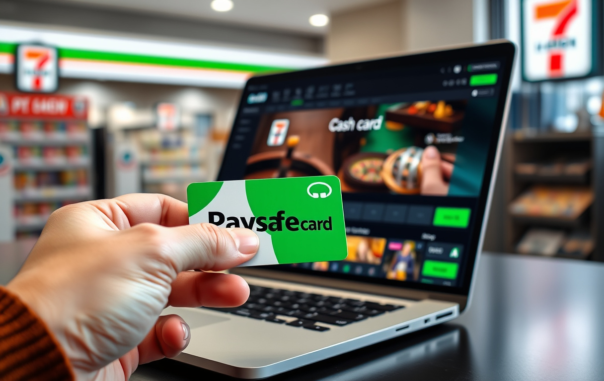 Person som holder et Paysafecard-kort foran en laptop med et casinoinnskuddsskjema