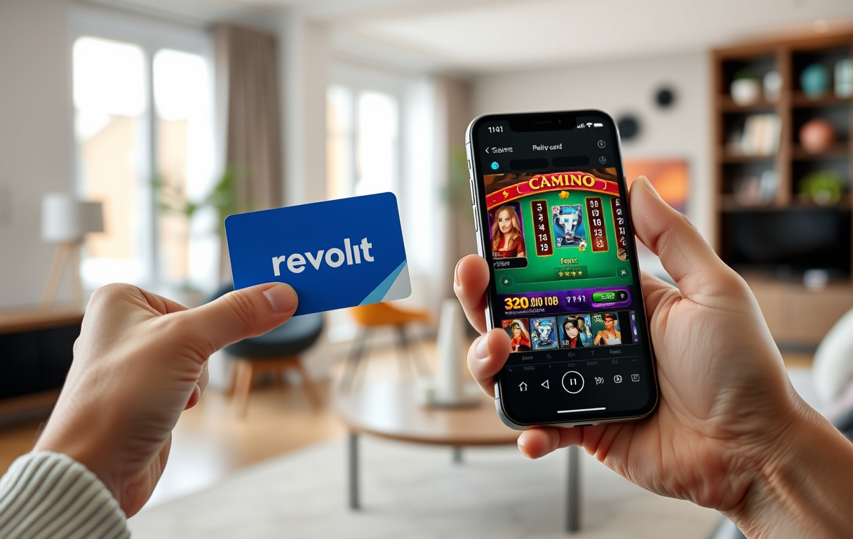 Revolut-kort og mobil med casinospill på skjermen