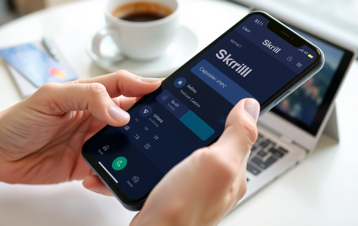 En person som setter inn penger på et nettcasino via Skrill-appen på mobilen.