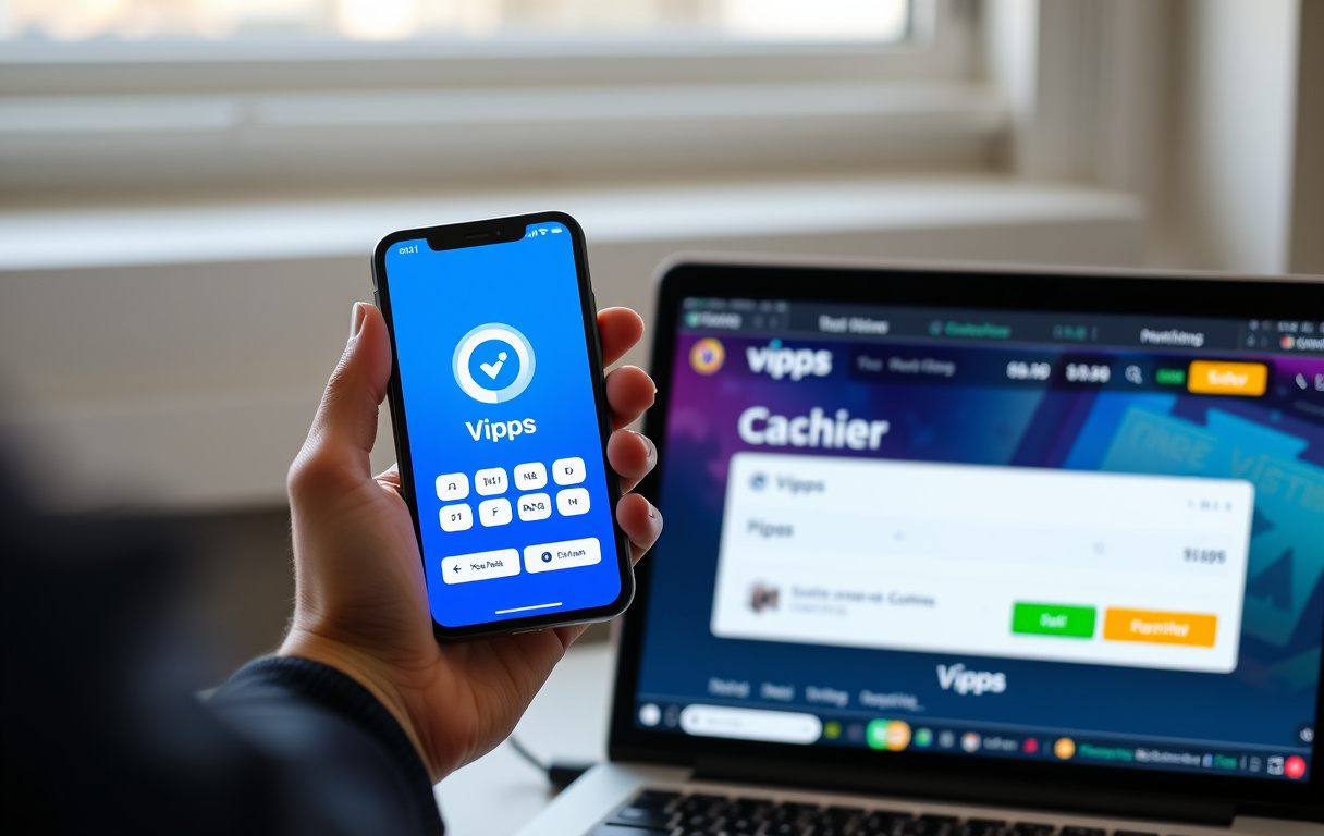 Person med mobiltelefon og Vipps-app foran en laptop med casino-betalingsside