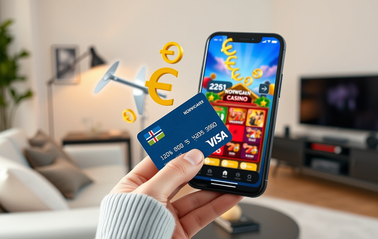 En person holder et Visa-kort og en mobiltelefon med et casinospill synlig, norske kroner-symboler i luften.