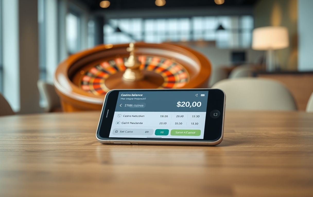Smarttelefon med 200 kr bonus og rulett i bakgrunnen, på et trebord med dempet belysning