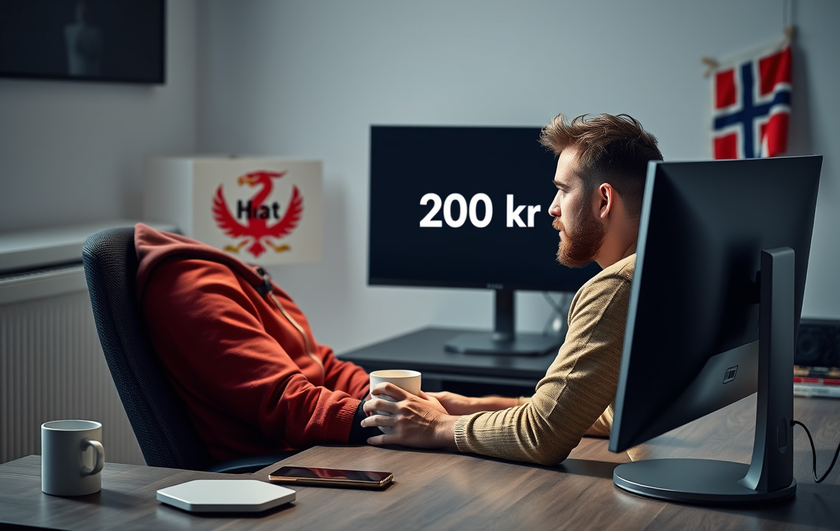 Norsk spiller med PC som mottar en innskuddsfri bonus, med Hjelpelinjen-lenke i bakgrunnen.