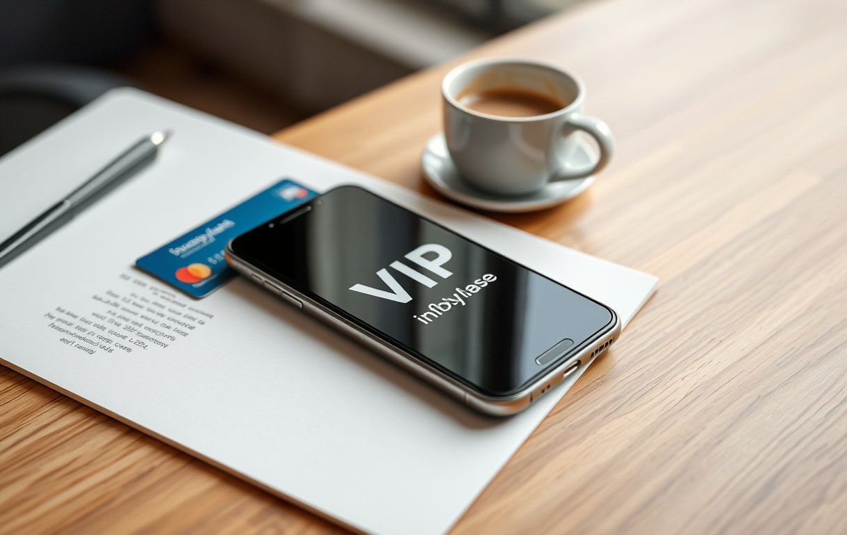 Smarttelefon med VIP-innbydelse fra et nettcasino på skjermen, ved siden av kredittkort og kaffekopp.