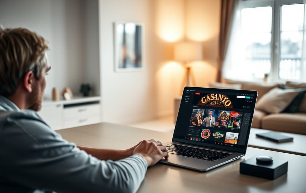Person som sitter i en stue og bruker laptop for å vurdere et malta casino