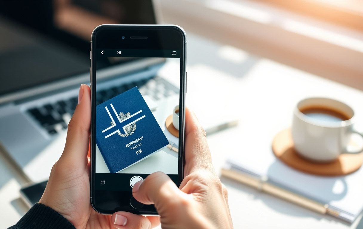 Person som tar bilde av pass for casino-verifisering, med mobiltelefon