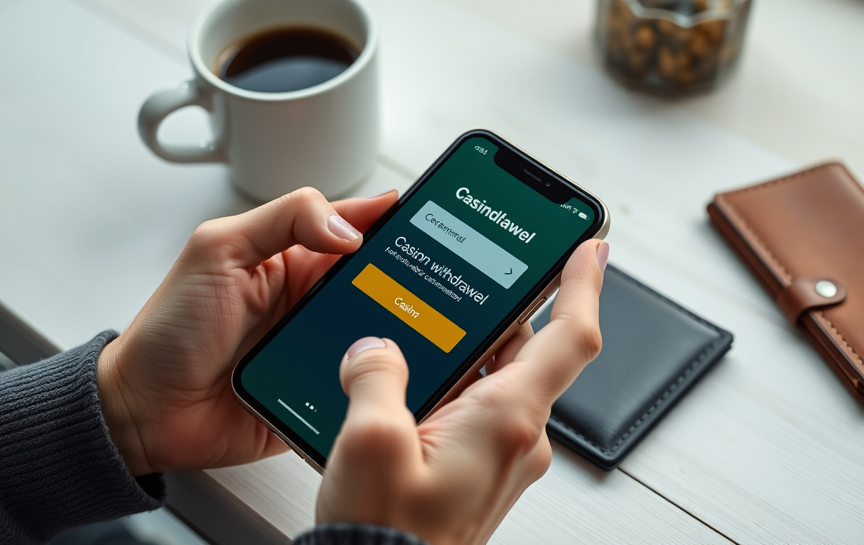En person holder en mobiltelefon som viser en uttaksbekreftelse fra et nettcasino, med kopp og lommebok ved siden av.