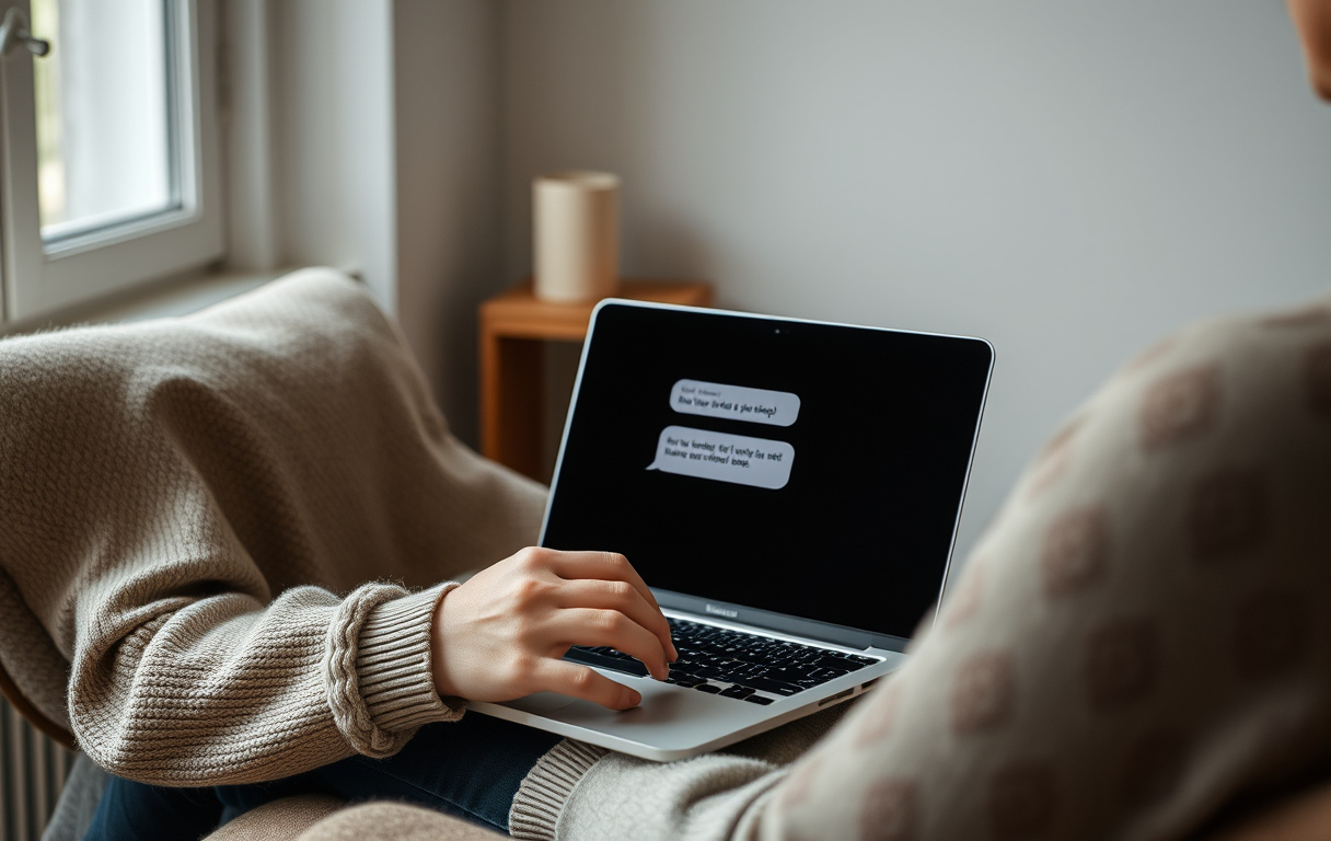 Person ved laptop med live chat-boble på skjermen