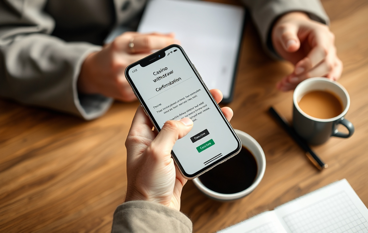 Person med smarttelefon som viser utbetalingsbekreftelse fra nettcasino, kaffekopp og notatbok på bordet