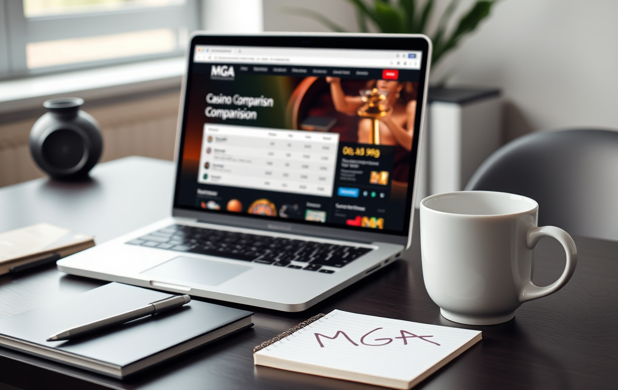 Skrivebord med laptop som viser en casin sammenligningsside, kaffekopp og notatblokk med MGA skrevet på.