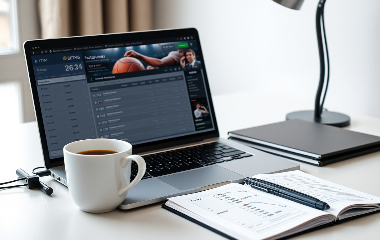 Bettingside med fotballodds på skjermen, ved siden av notater og kaffekopp.