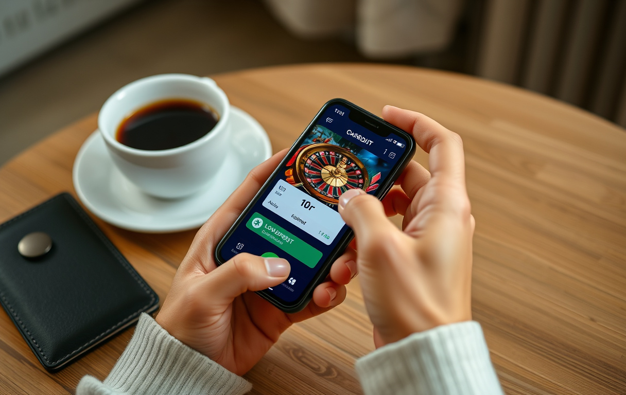 Person med mobiltelefon som viser casino med lavt innskudd på skjermen.