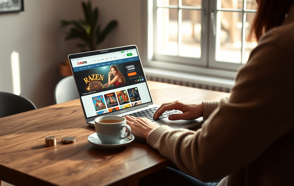 Person som spiller på casino med lavt innskudd ved laptop