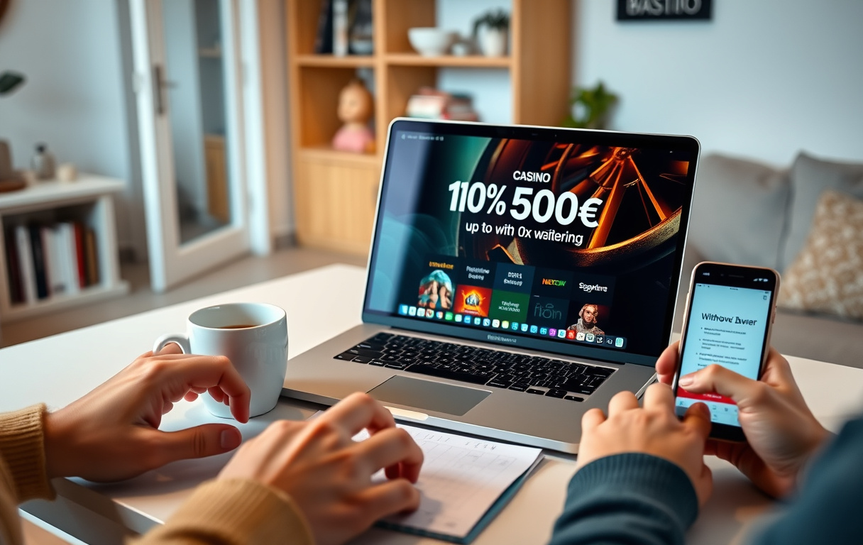 Laptop med casino side og smarttelefon med uttaksbekreftelse, kaffekopp og notatblokk.
