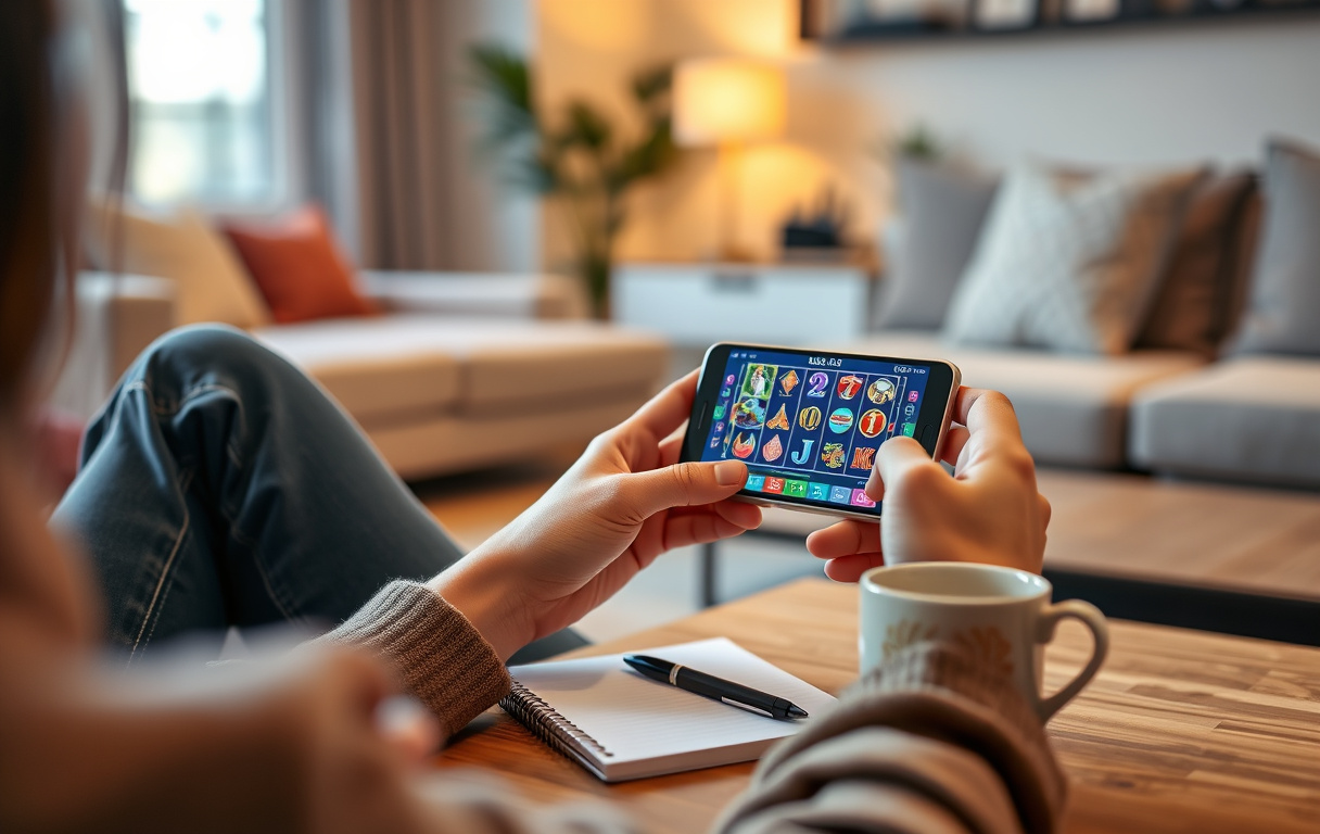 Person som spiller på et nettcasino på mobil i en moderne stue