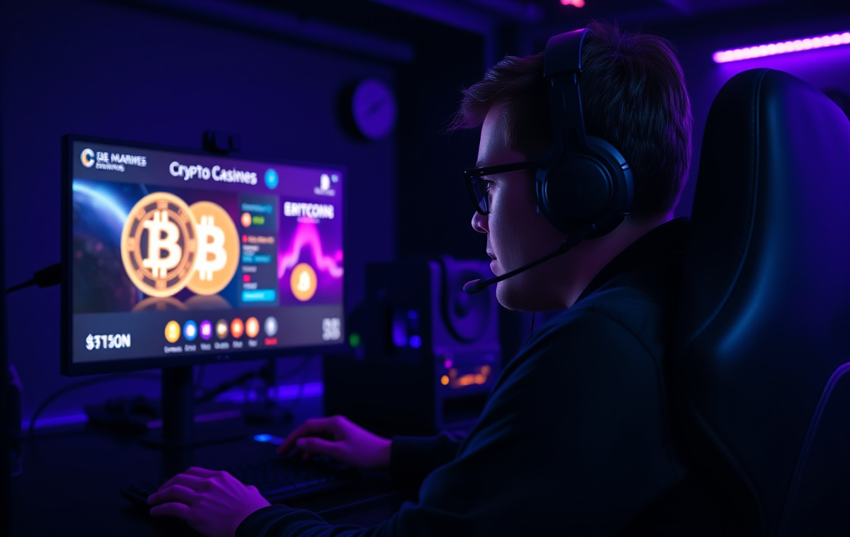En spiller som spiller kryptocasino på en dataskjerm med Bitcoin-symboler.