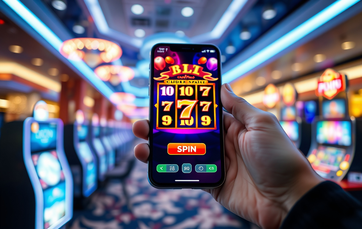 Mobiltelefon som viser et spilleautomat-spill på en casinoplattform