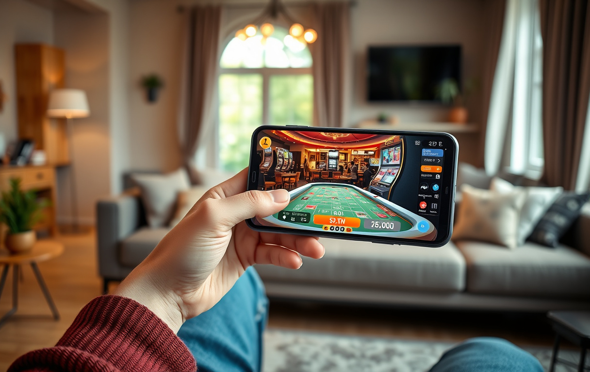 Person som spiller mobilcasino på smarttelefon i en stue.