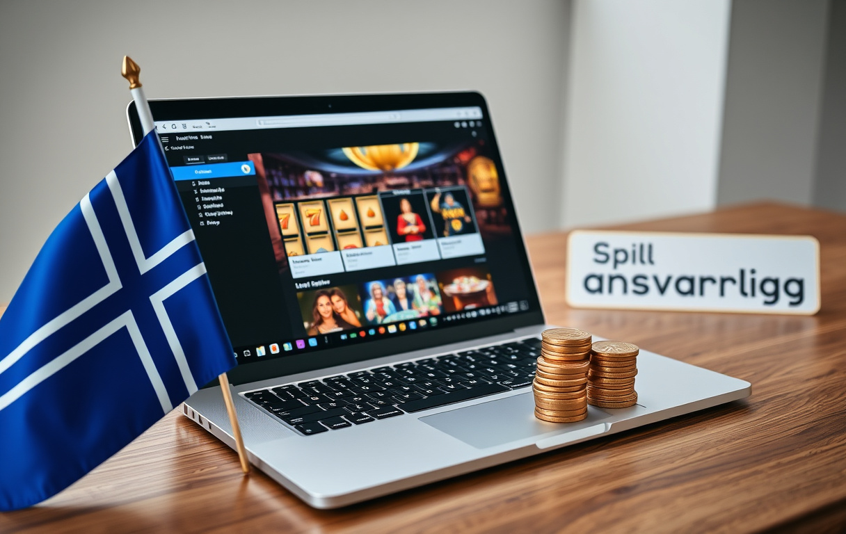 Laptop med casinospill og norske kroner-mynter, ansvarlig spilling-symbol synlig