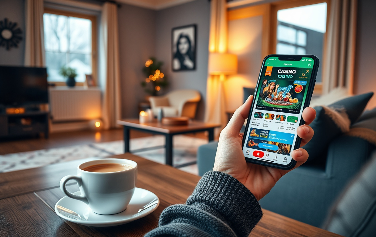 Person med smartphone som viser et casino-app i en norsk stue
