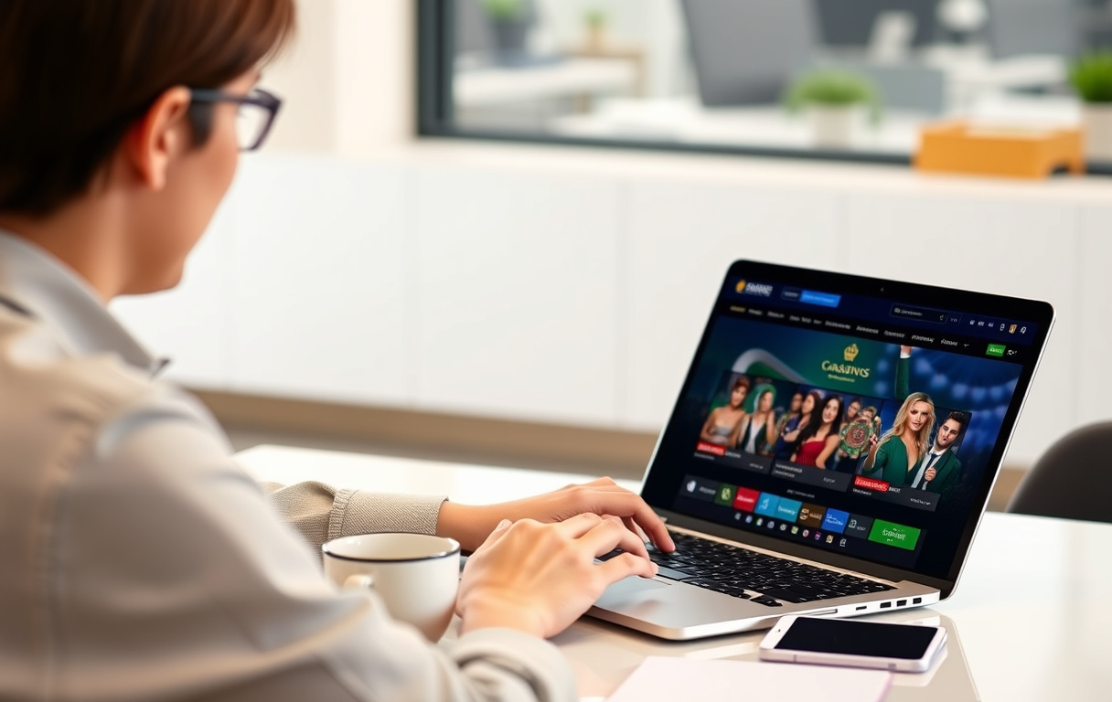 Person som sammenligner to casinoer på laptop, med kaffekopp og notatblokk.