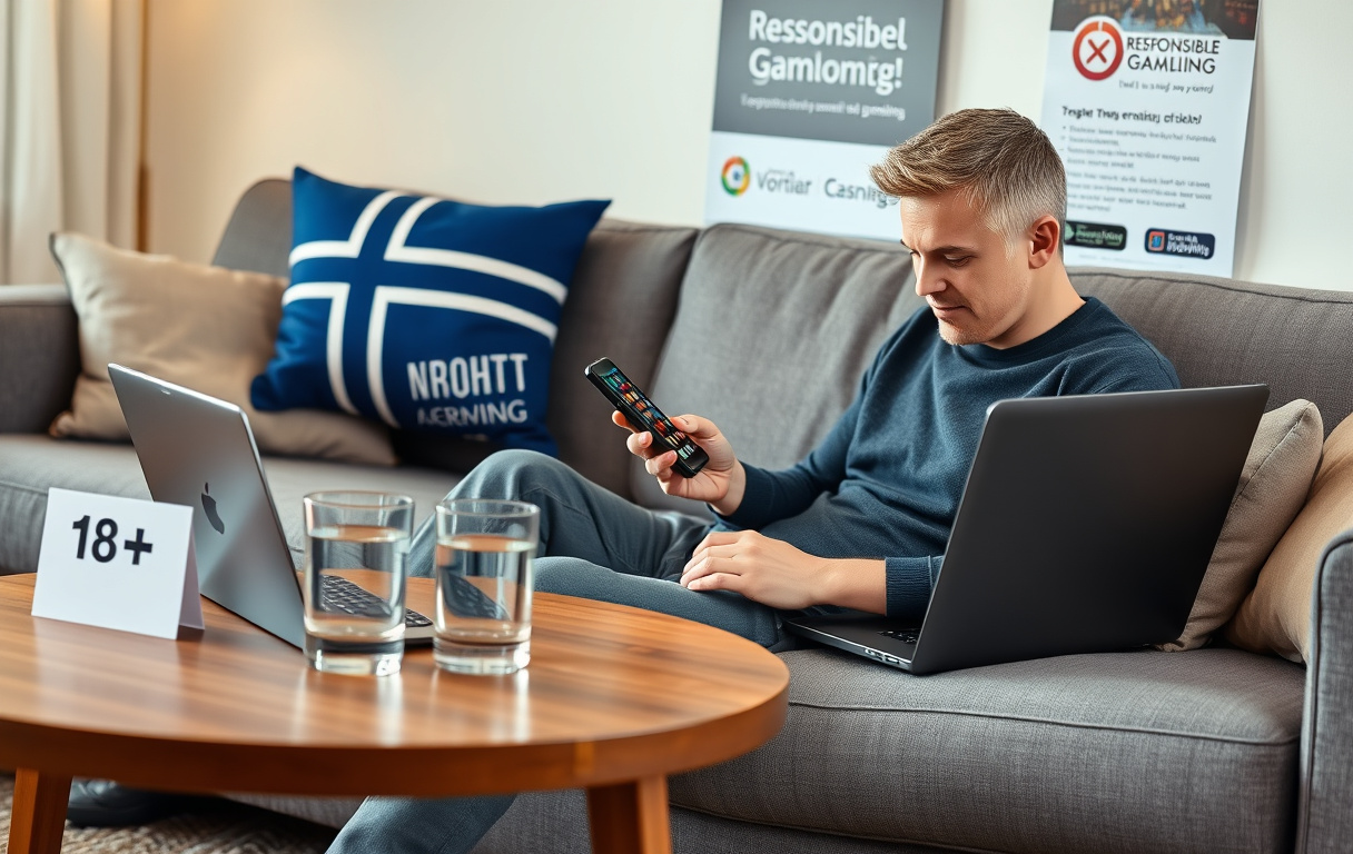 Nordmann spiller på nettcasino i stuen med telefon og laptop.