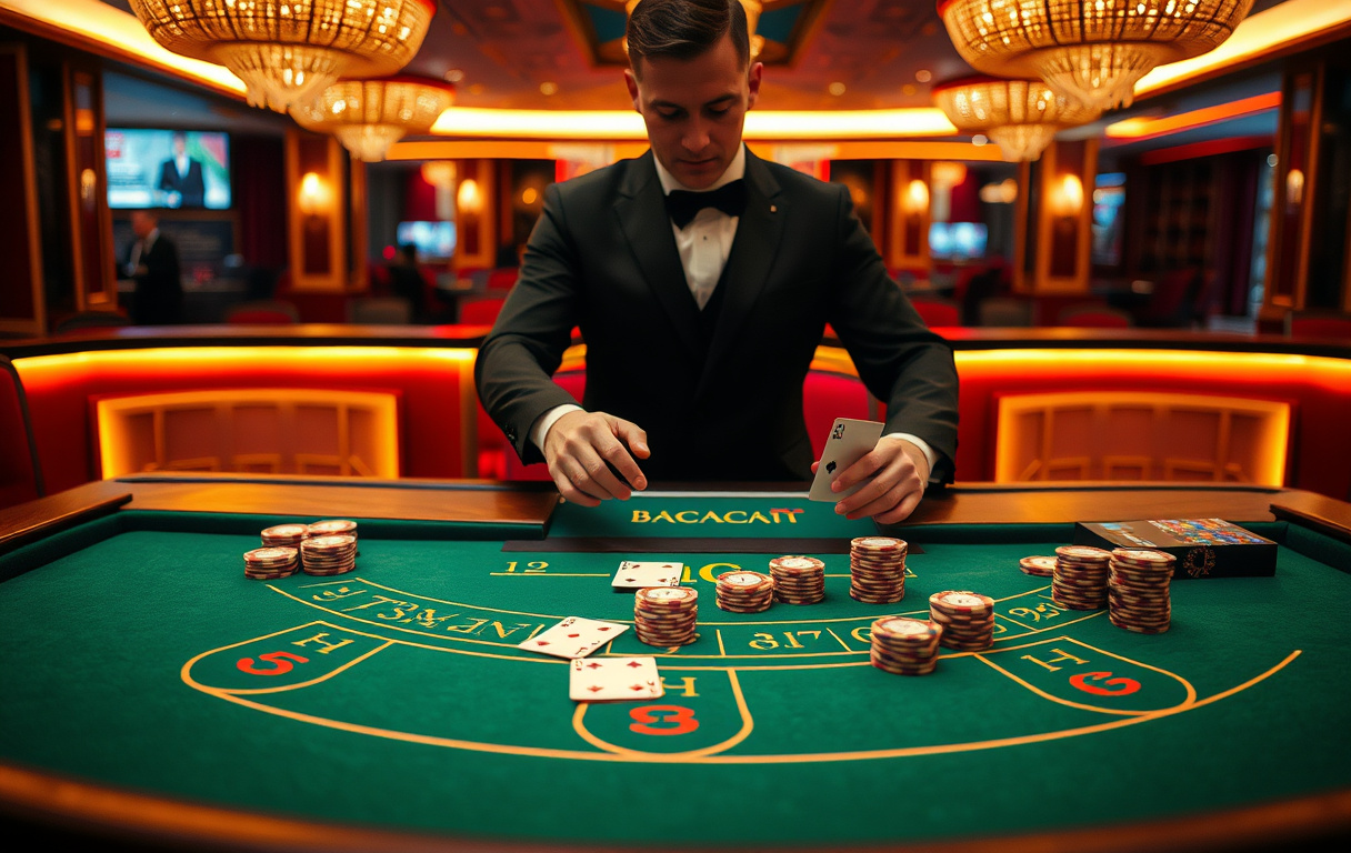 Live baccarat-bord med dealer, kortstokker og spillmønter