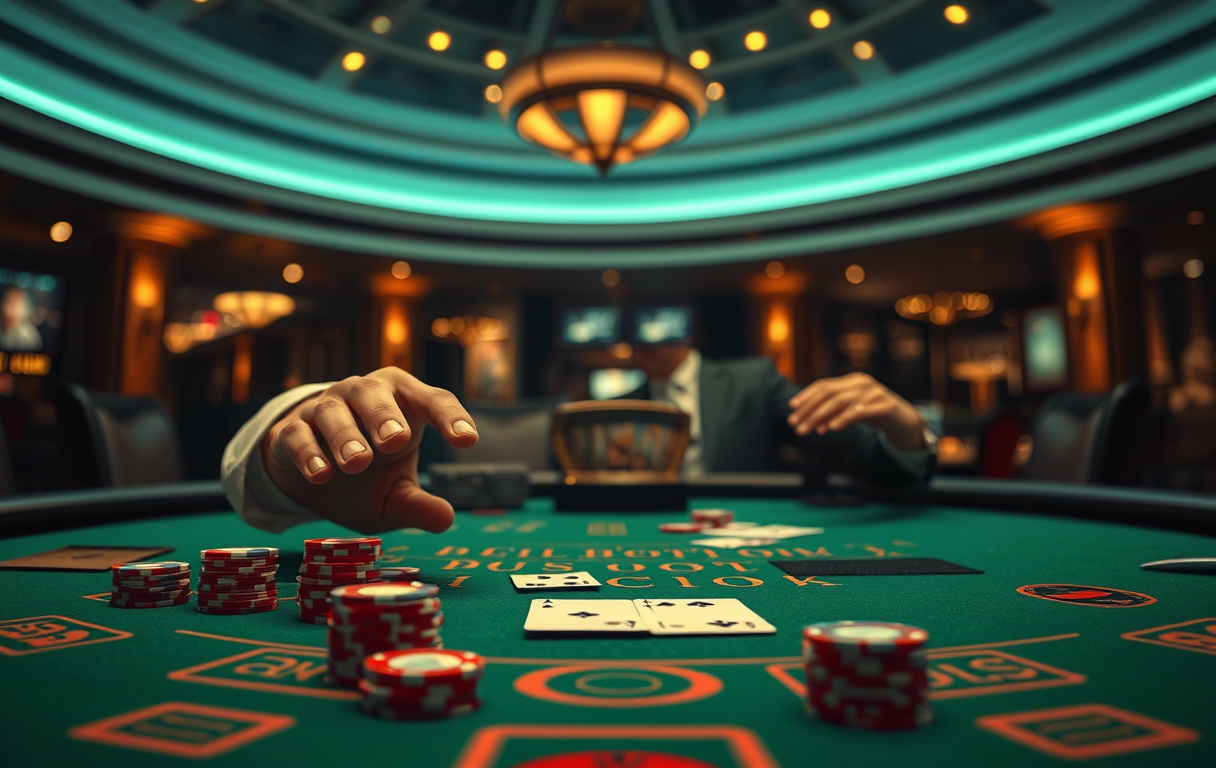 Blackjack-bord med dealer som deler ut kort i et casino.
