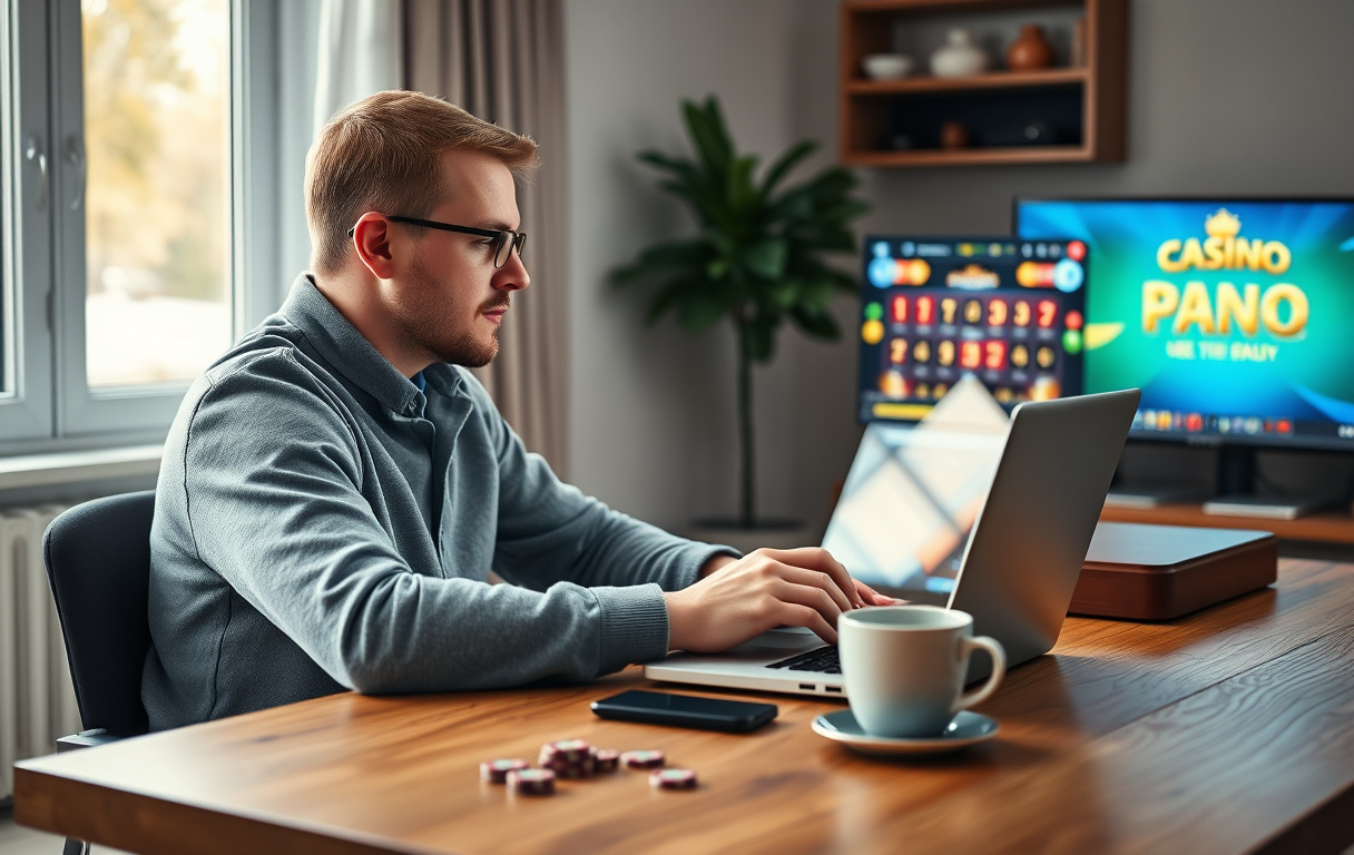 Norsk mann spiller casinospill på laptop hjemme ved skrivebord med kaffekopp og sjetonger.