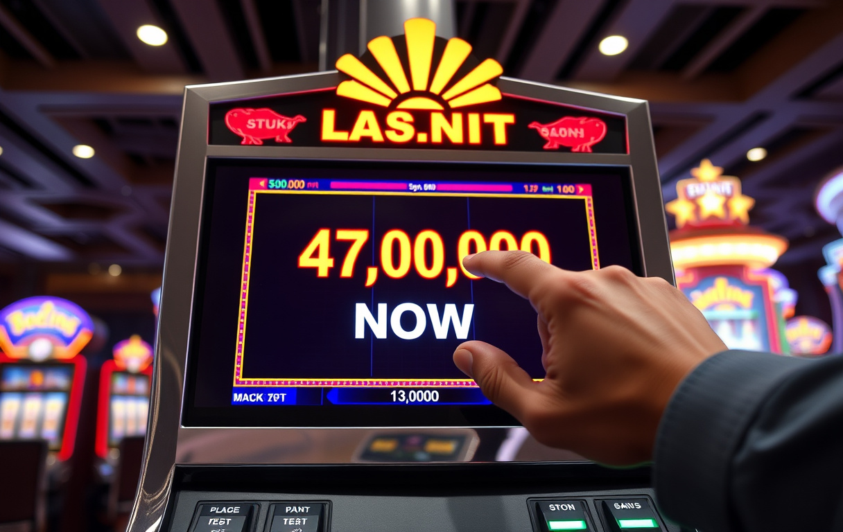 Spilleautomat med progressiv jackpot på 47 millioner kroner, hånd på spinnknappen