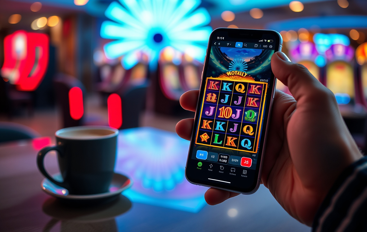 En person holder en mobiltelefon med en spilleautomat på skjermen, en kaffekopp ved siden av, og et uskarpt casino-aktig bakgrunnsbilde.